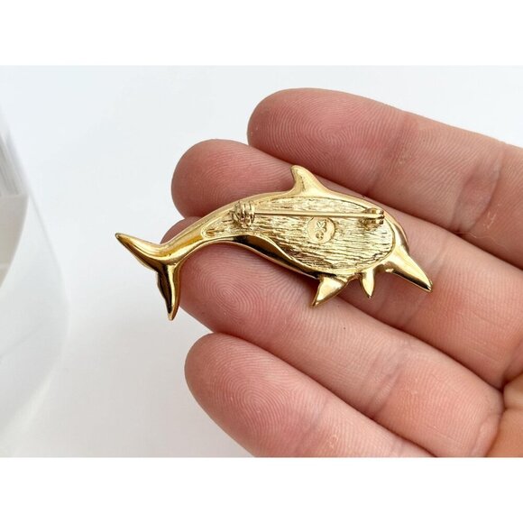 Dolphin Figural Faux Blue Abalone Gold Toned 90's Vintage Lapel Brooch Pin - Picture 6 of 10